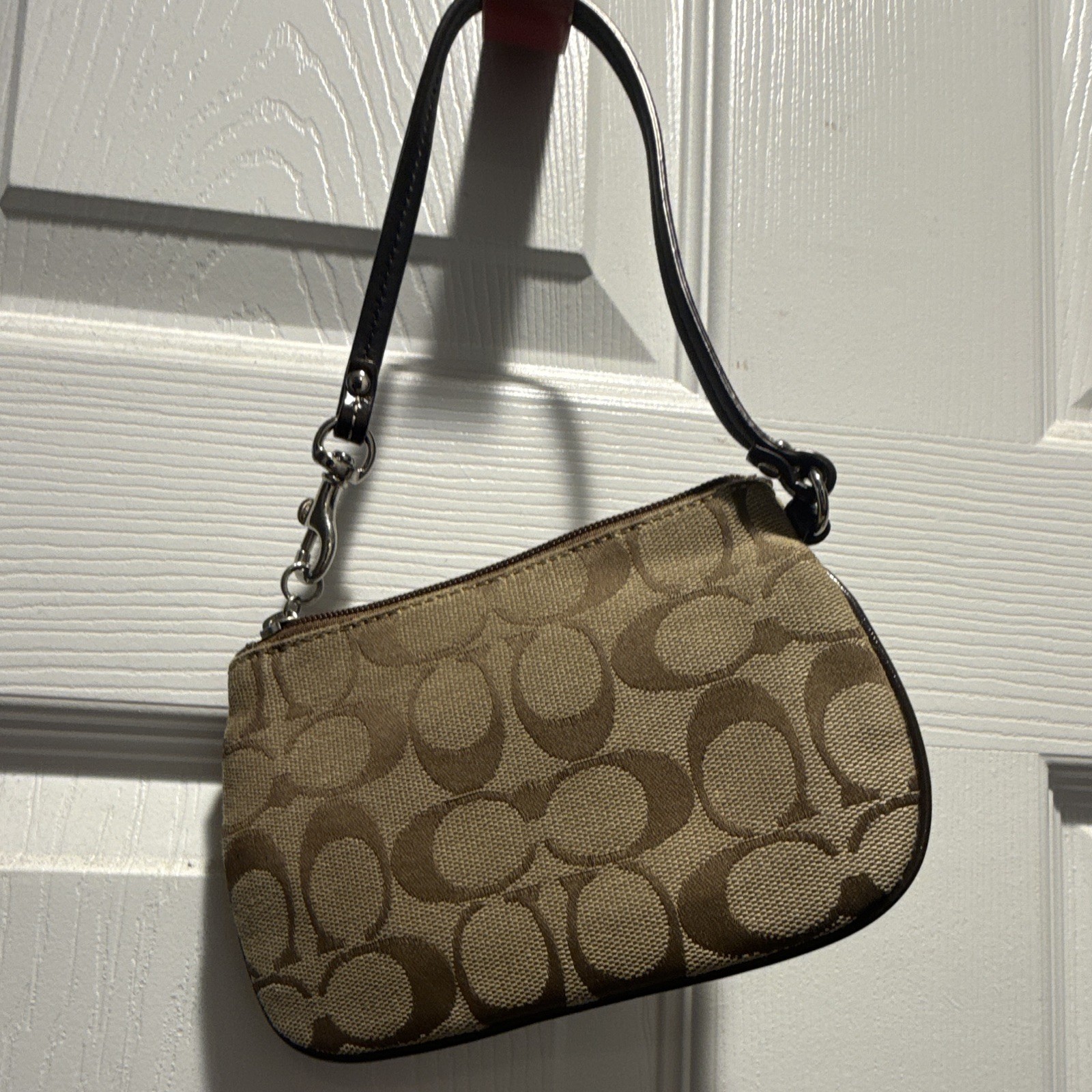 Coach Signature Brown Tan Wristlet Zip Closure Lined Pouch Silver Hardware