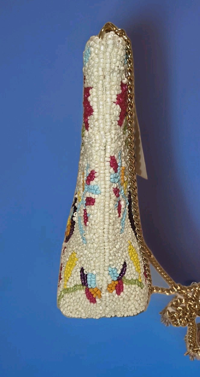 Beaded Peacocks Flowers Clutch Purse Flora Half Moon Style Bamboo Trading Co NWT