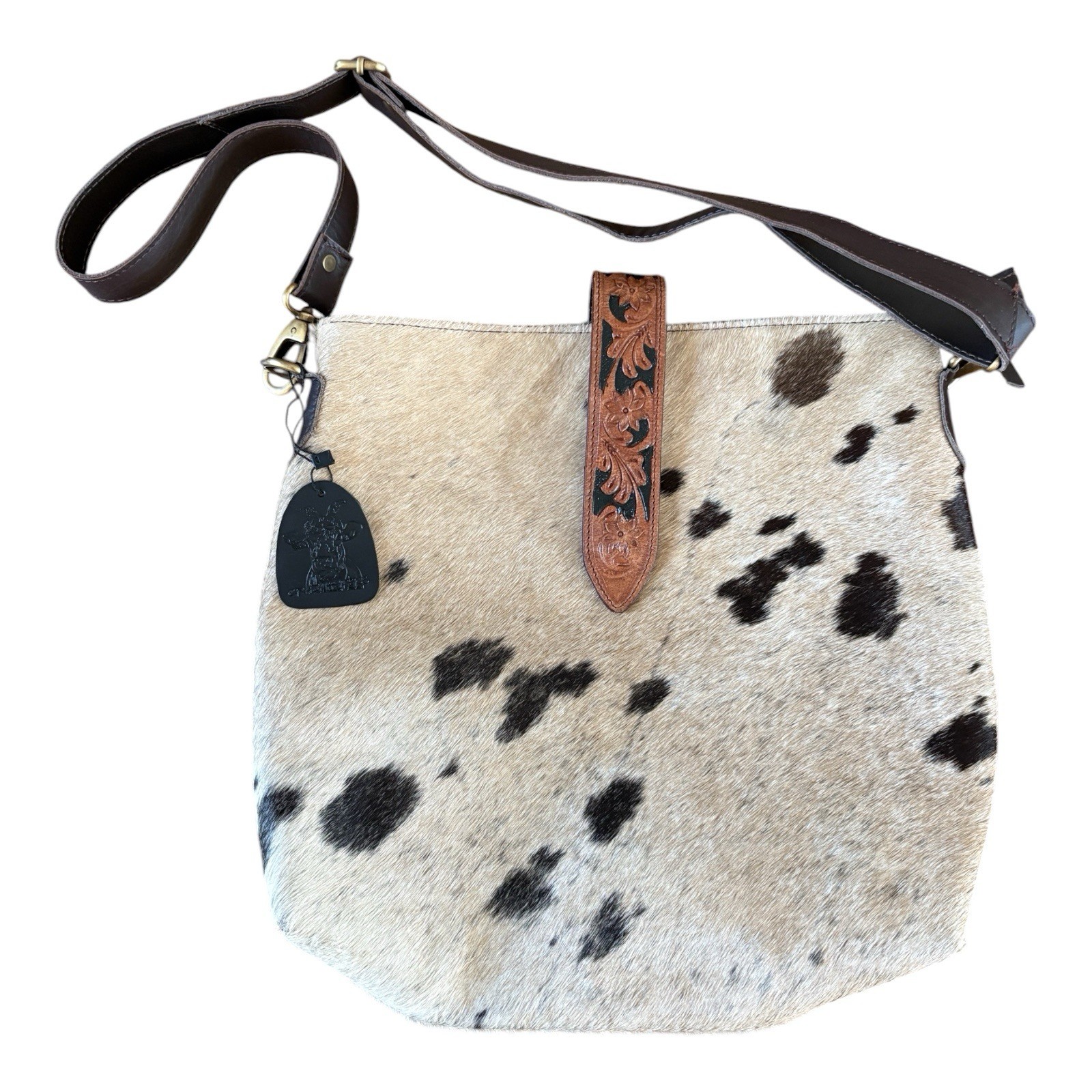Hand Made Genuine Leather With Cow Hide Cross Body Bag Crazy Heifer 13.5” X 14”