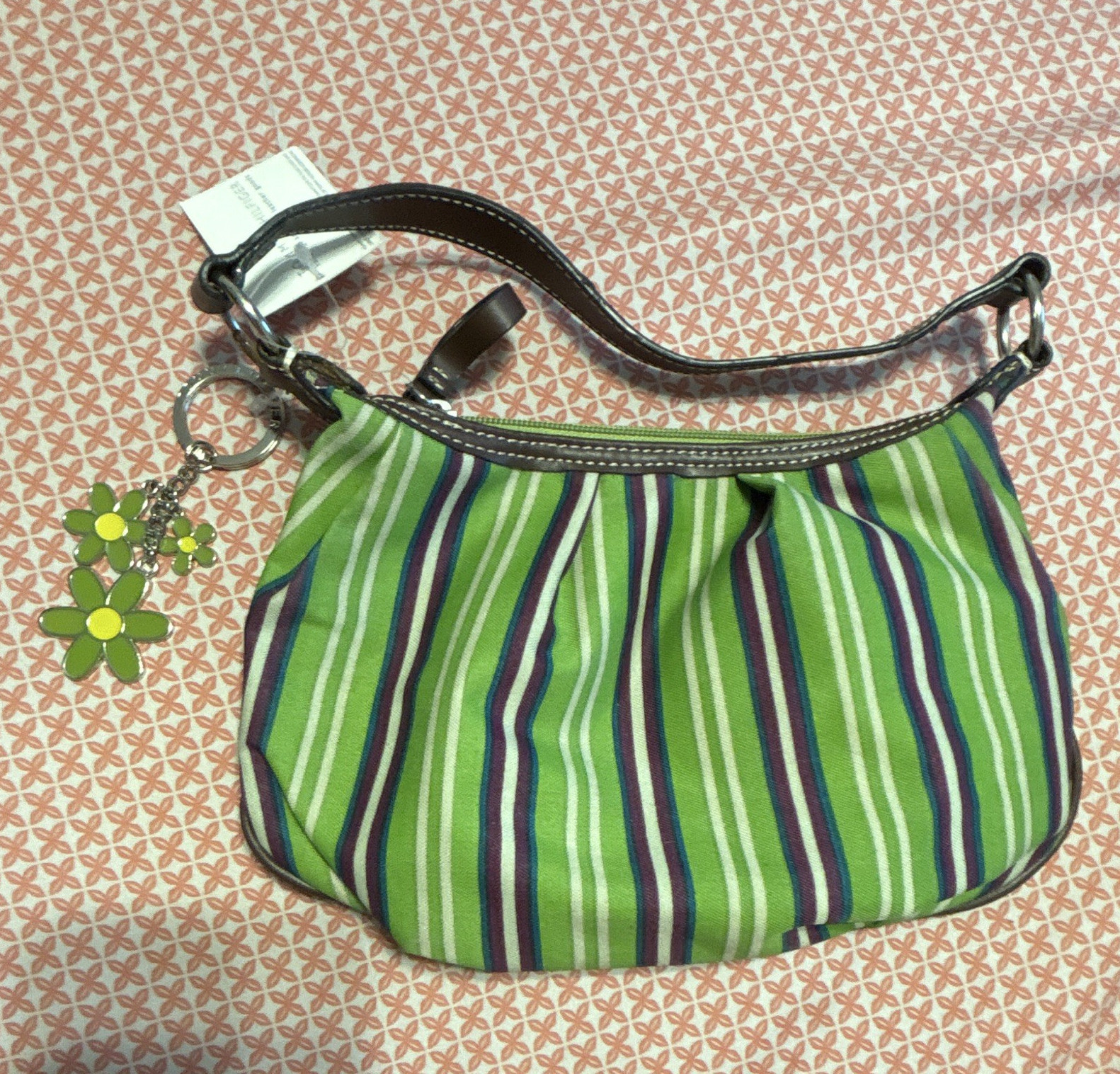 Tommy Hilfiger Green Striped Shoulder Bag Zip Closure Brown Leather Strap Charm