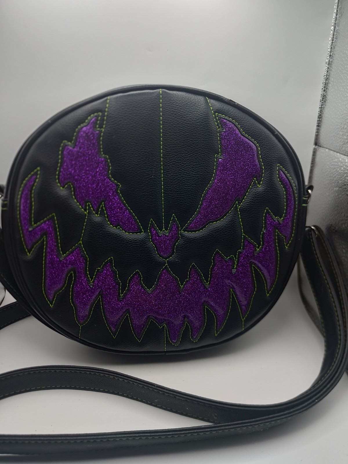 Love Pain and Stitches Black with Purple Glitter Pumpkin Kult 11 inch Purse Bag