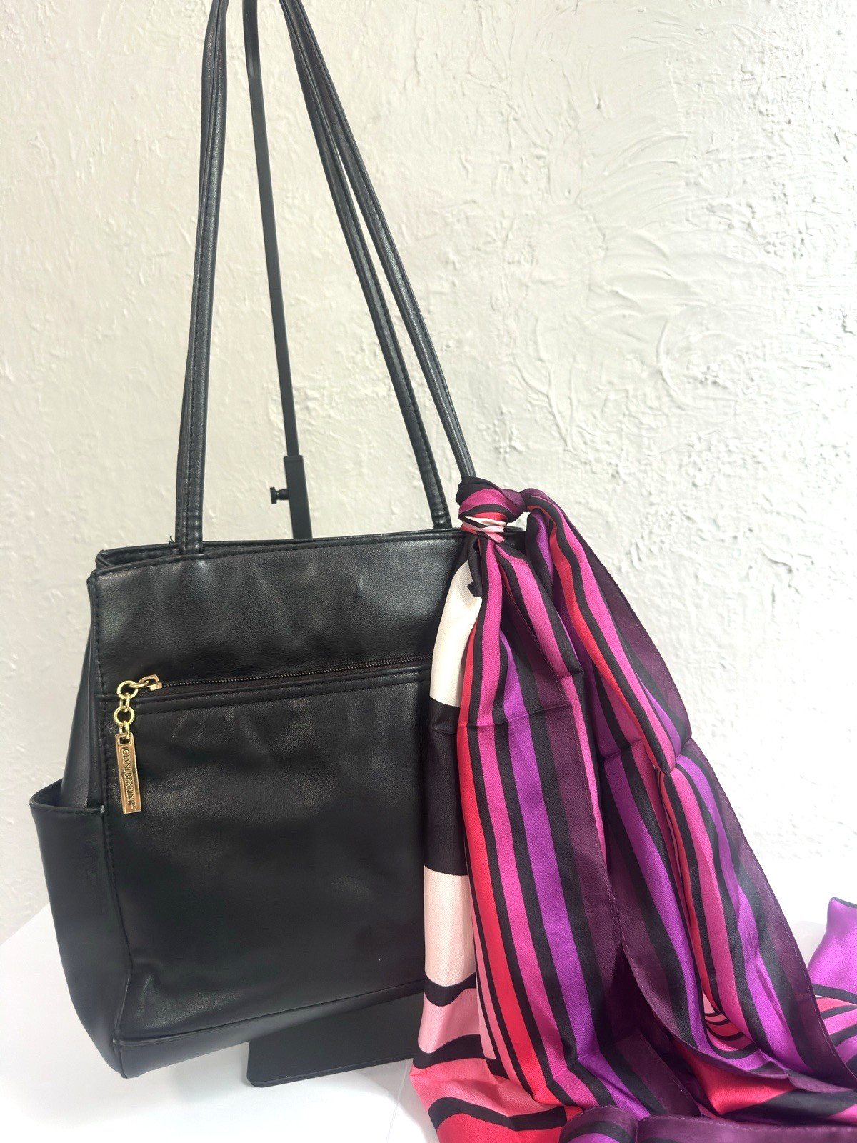 Giani Bernini Black Leather Shoulder Tote Bag + Anne Klein 100% Silk Scarf