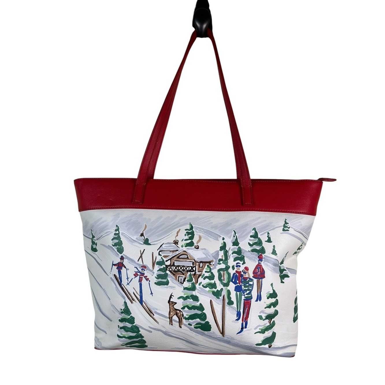 TALBOTS Winter Ski Village Scenic Zip Top Tote Bag Holiday Chalet Apres Ski