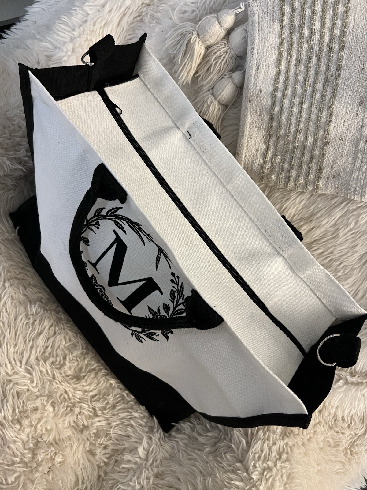 Monogram M Canvas Tote Bag With Black Handles & Accents Inside Pocket
