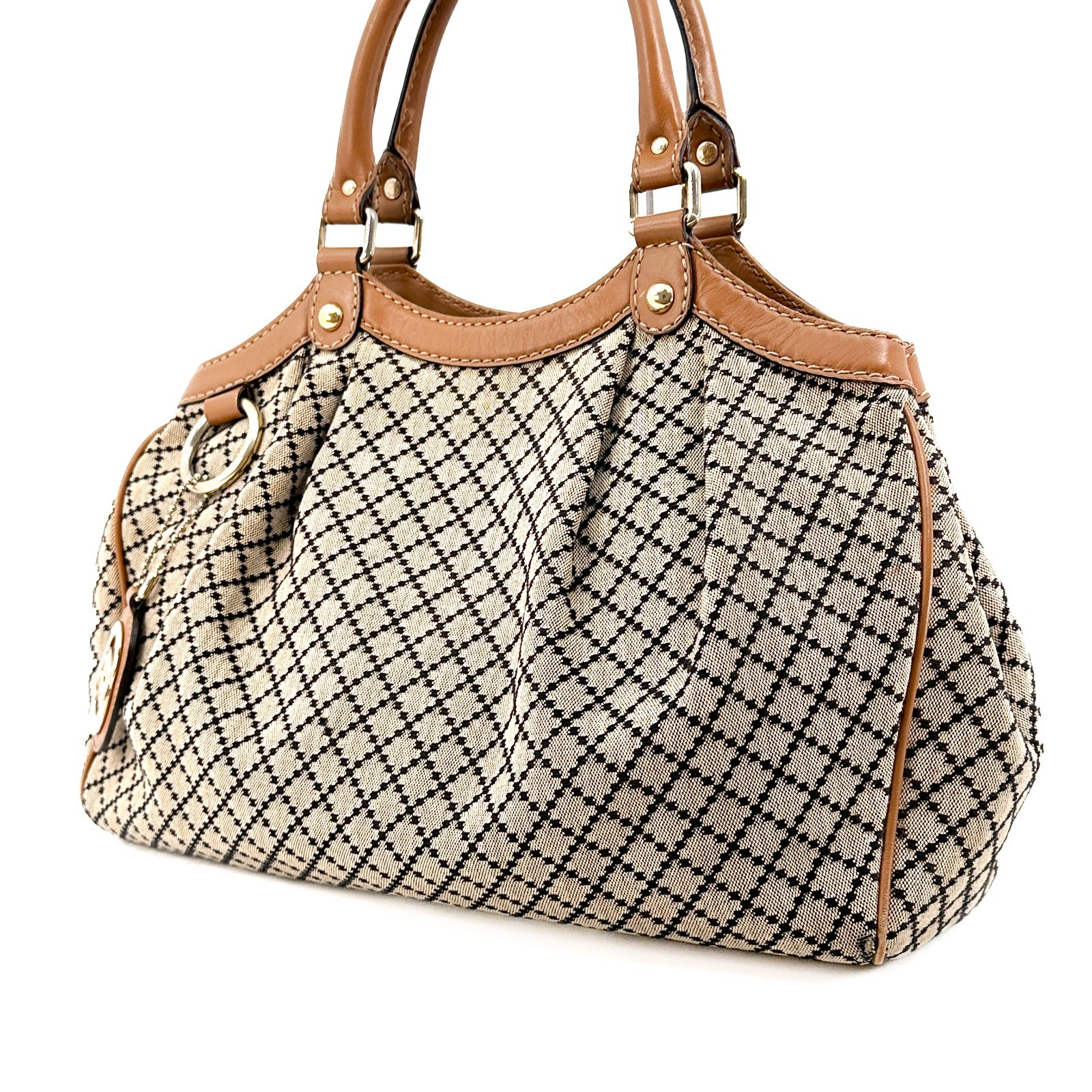 Gucci Diamante Sukey Canvas Leather Tote Bag Hand Bag Beige Brown 211944 Auth