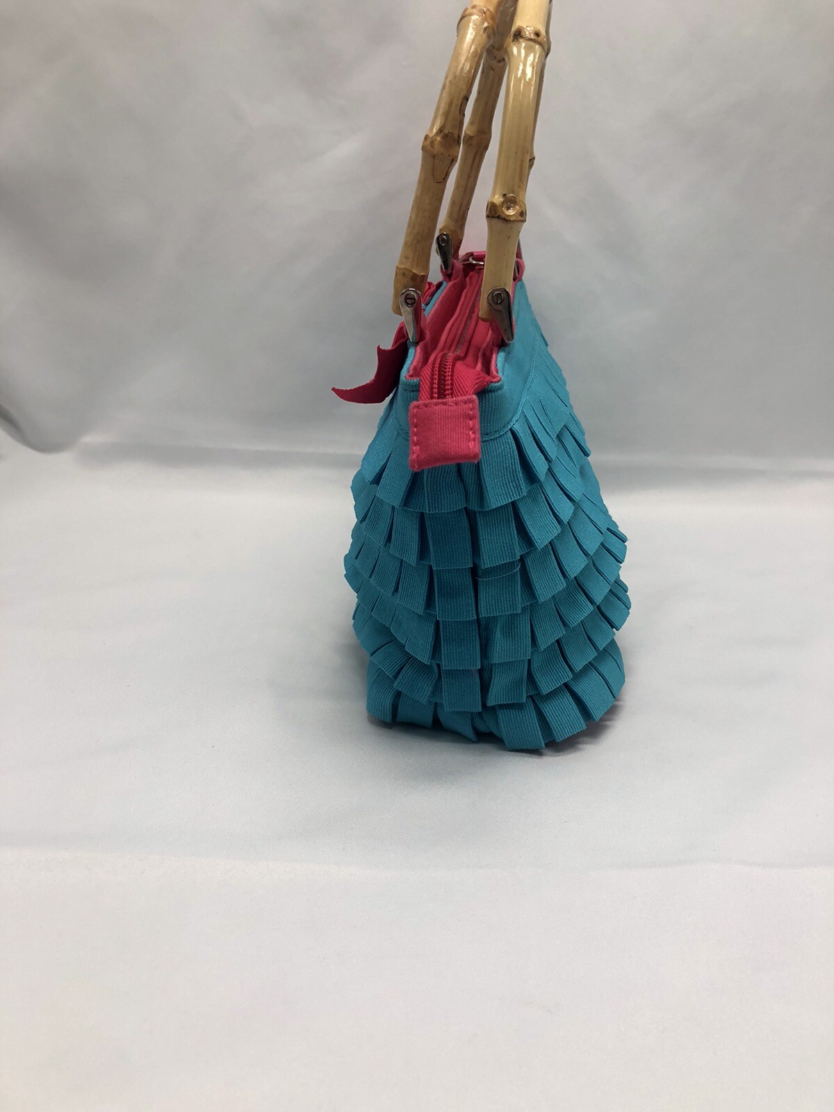Braciano Aqua Blue Ruffled Tiered Handbag, Pink Accents, Bamboo Handles Preppy