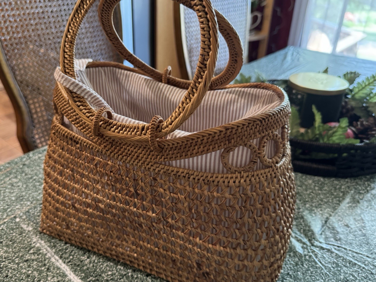 Anthropologie Brown Top Handle Basket Bag Striped Lined Drawstring Closure
