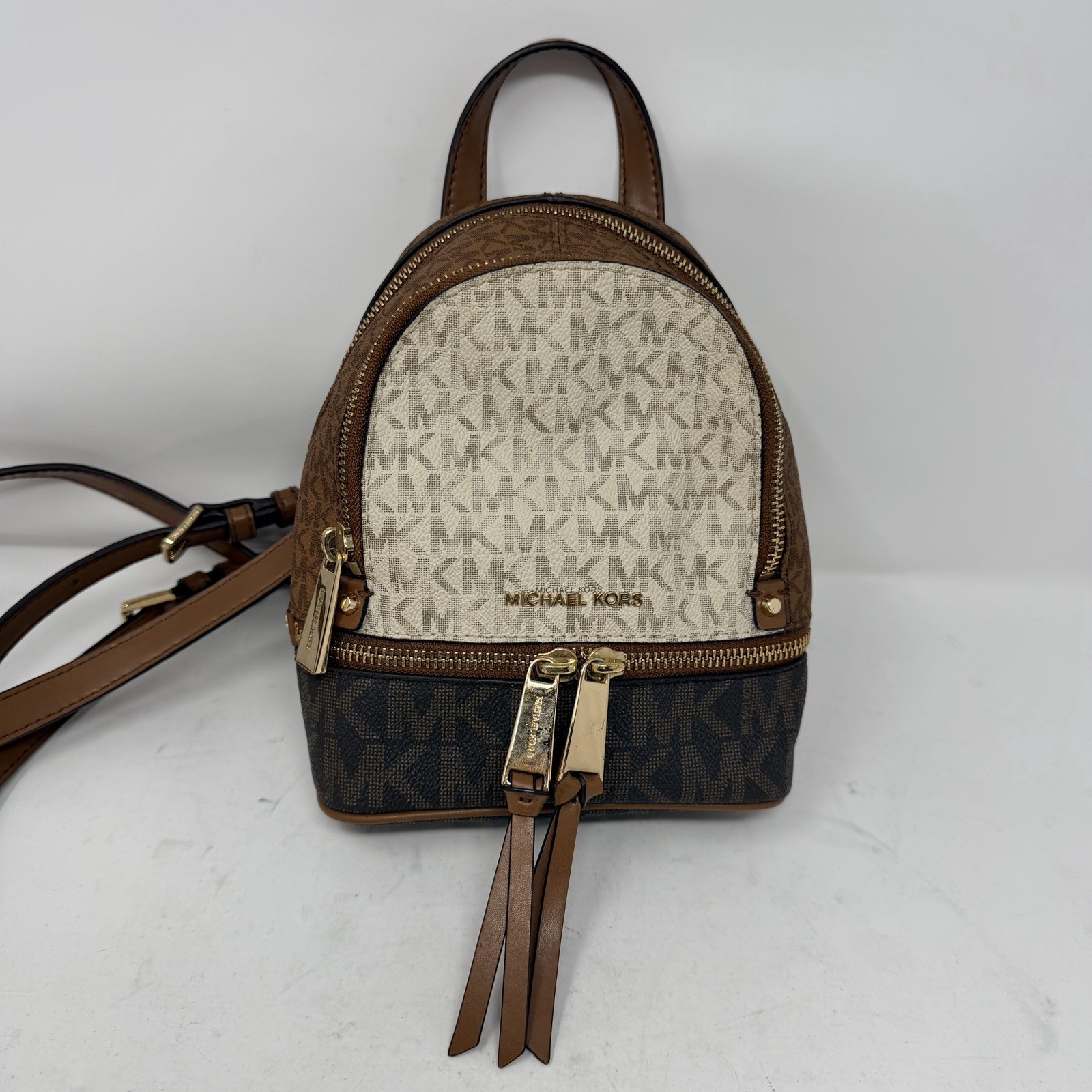 Michael Kors Rhea XS Extra Small Mini Women Girls MK Logo Backpack 2 Tone Brown