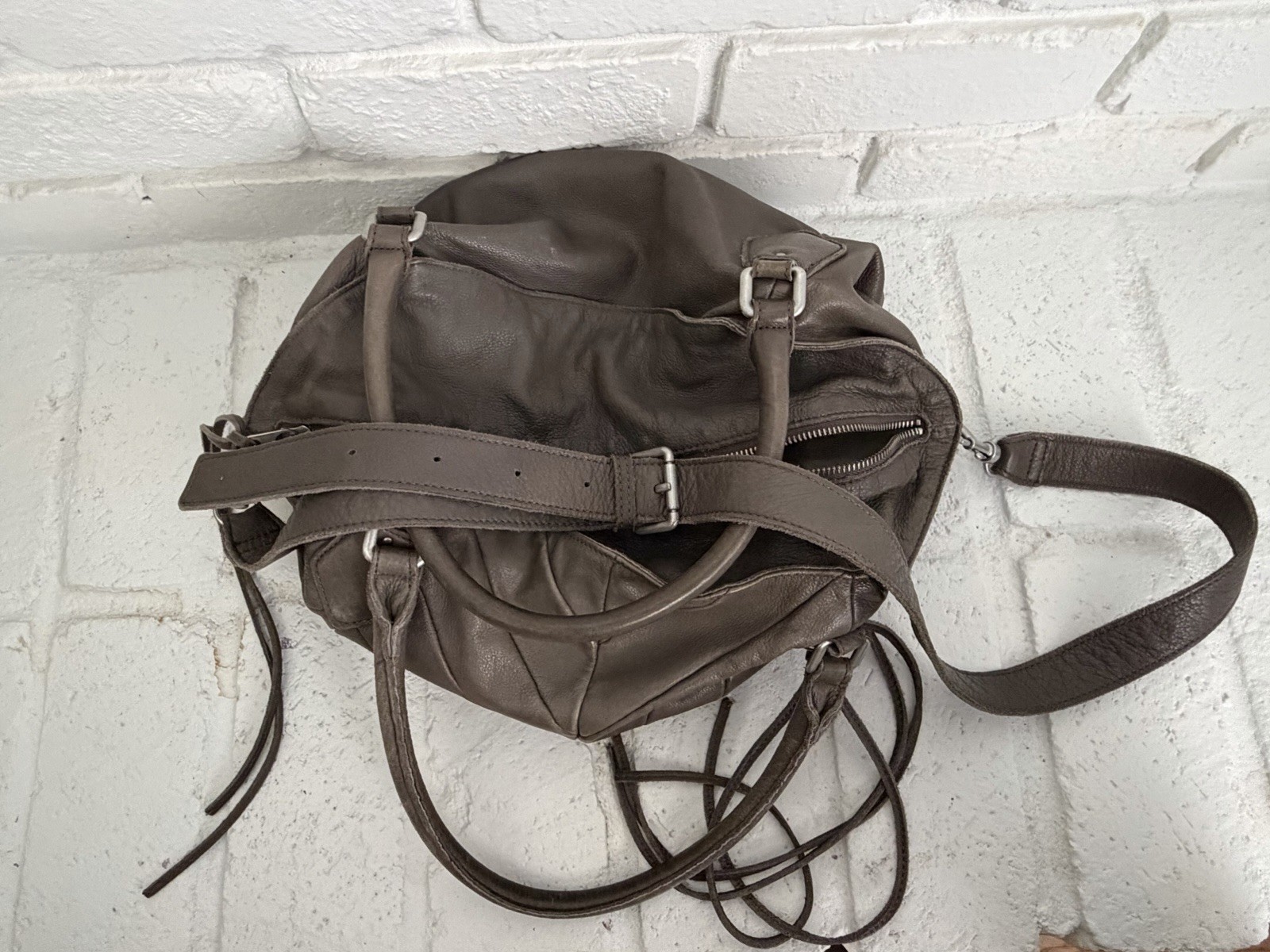 Liebeskind Berlin Gray Pebbled Satchel Top Handle Zip Tassel Silver Hardware