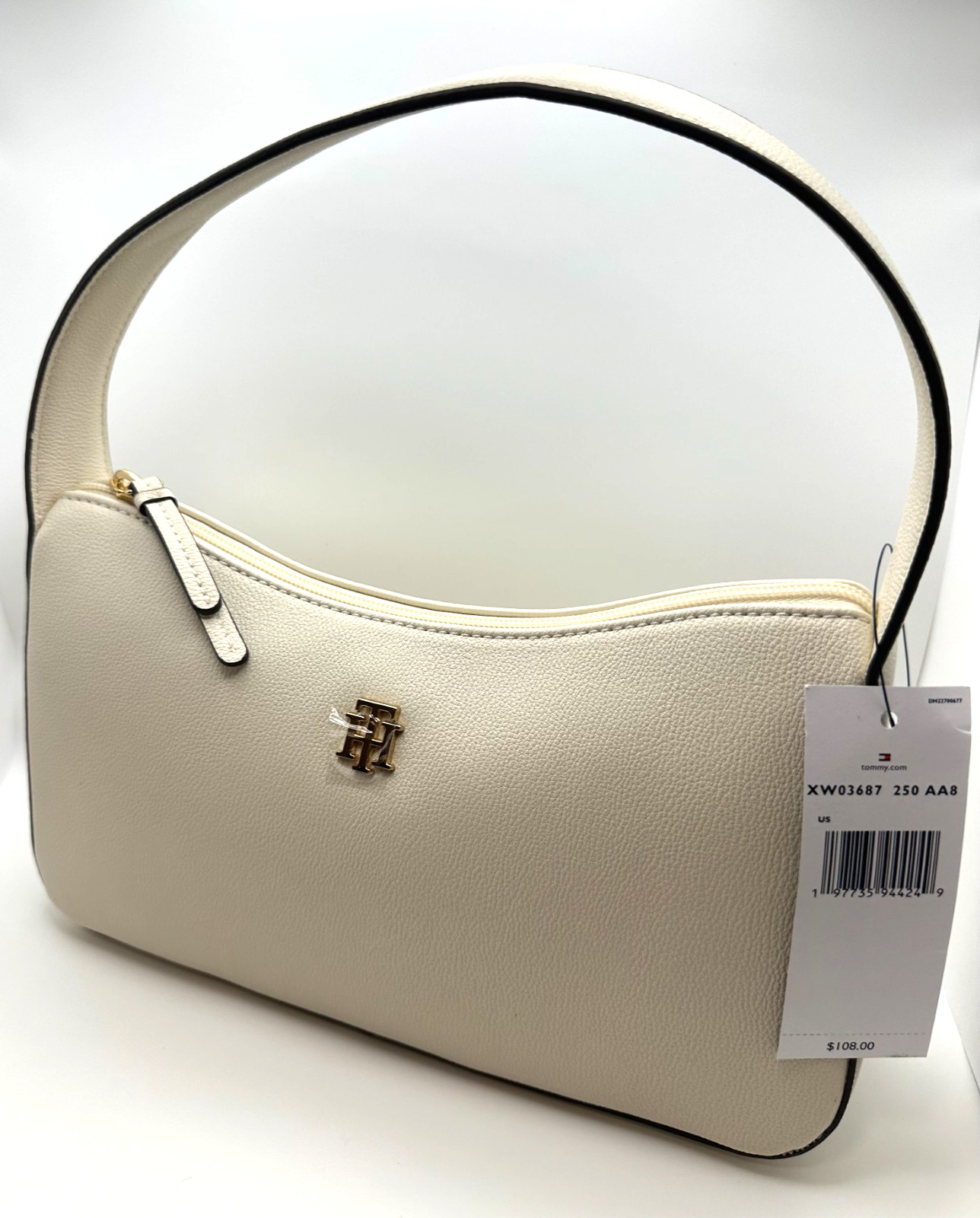 Tommy Hilfiger White Shoulder Bag with Gold Logo, Zip Closure & Inner Pocket NWT