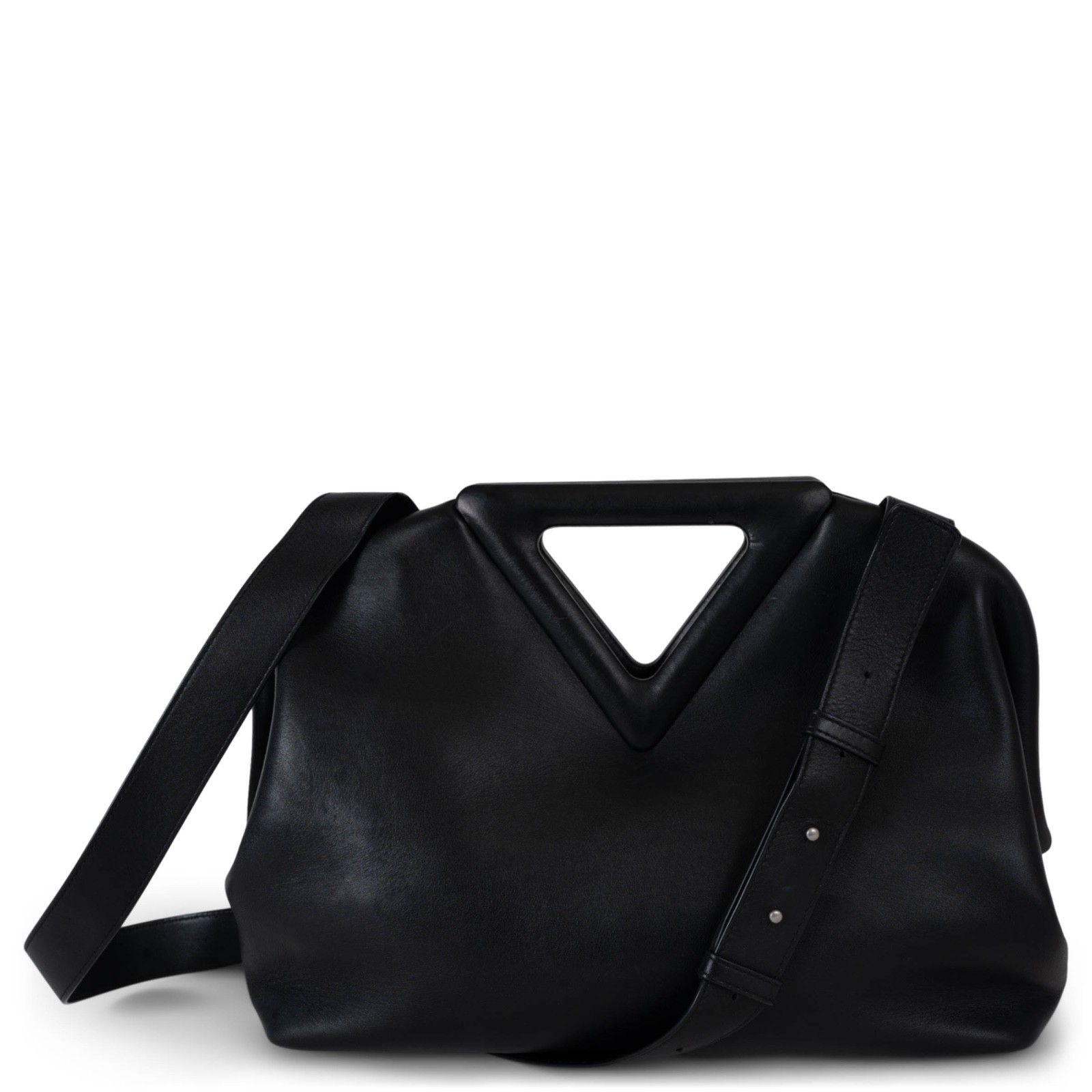 71891 auth BOTTEGA VENETA black leather POINT MEDIUM Top Handle Bag