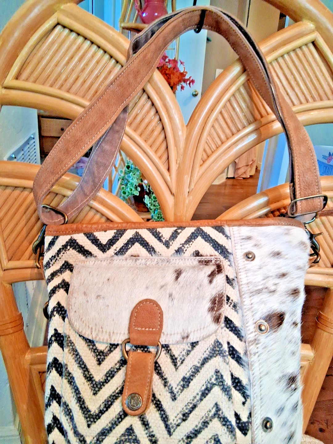 Myra Bag Tribal Aztec Front Pocket Upcycled Canvas Cowhide Leather Shoulder Bag