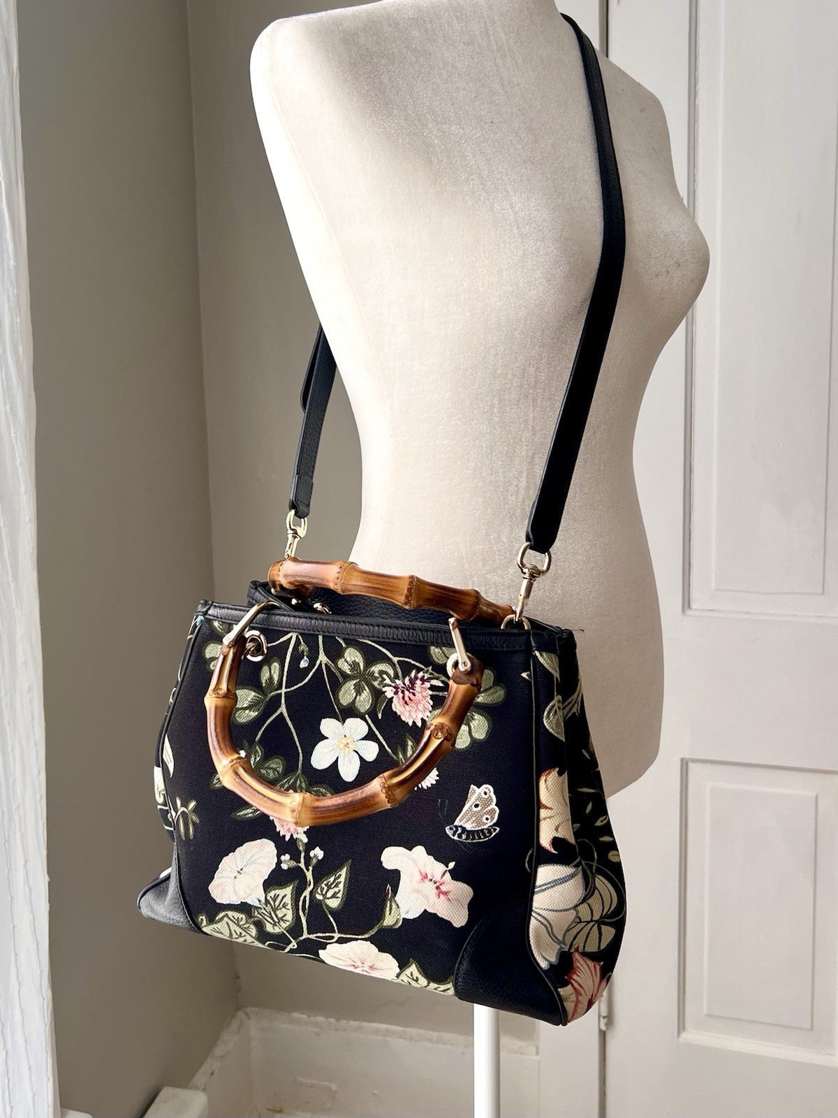 Gucci Black Floral Bamboo Shopper Handbag 2 Way Small Kris Knight Tote Bag