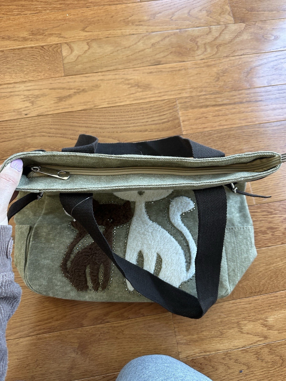 Beige Cat Embroidered Zip Canvas Tote Bag Brown Handle Inner Outer pockets