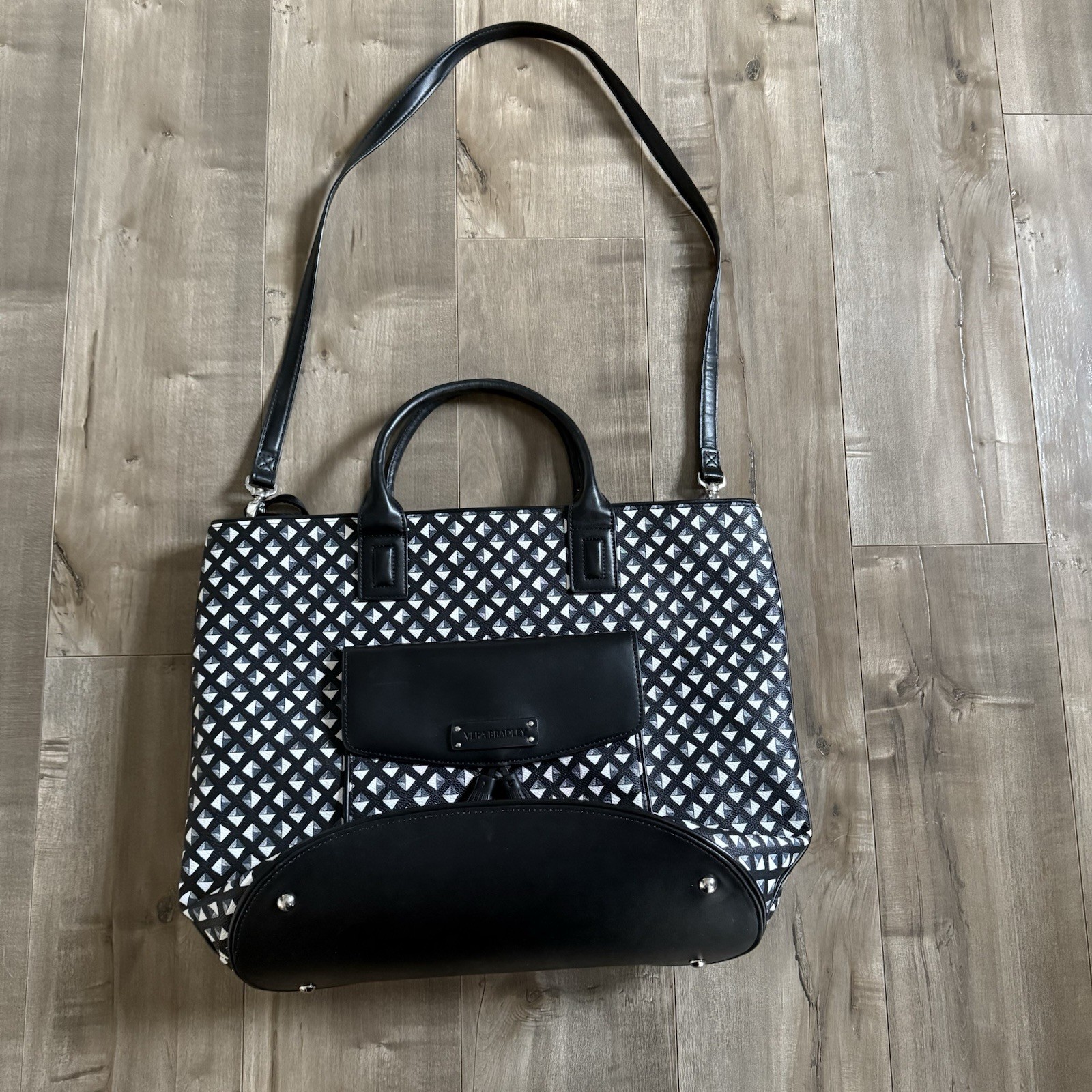 Vera Bradley Tassel Tote Large Black White Geometric Luggage Tag Leather