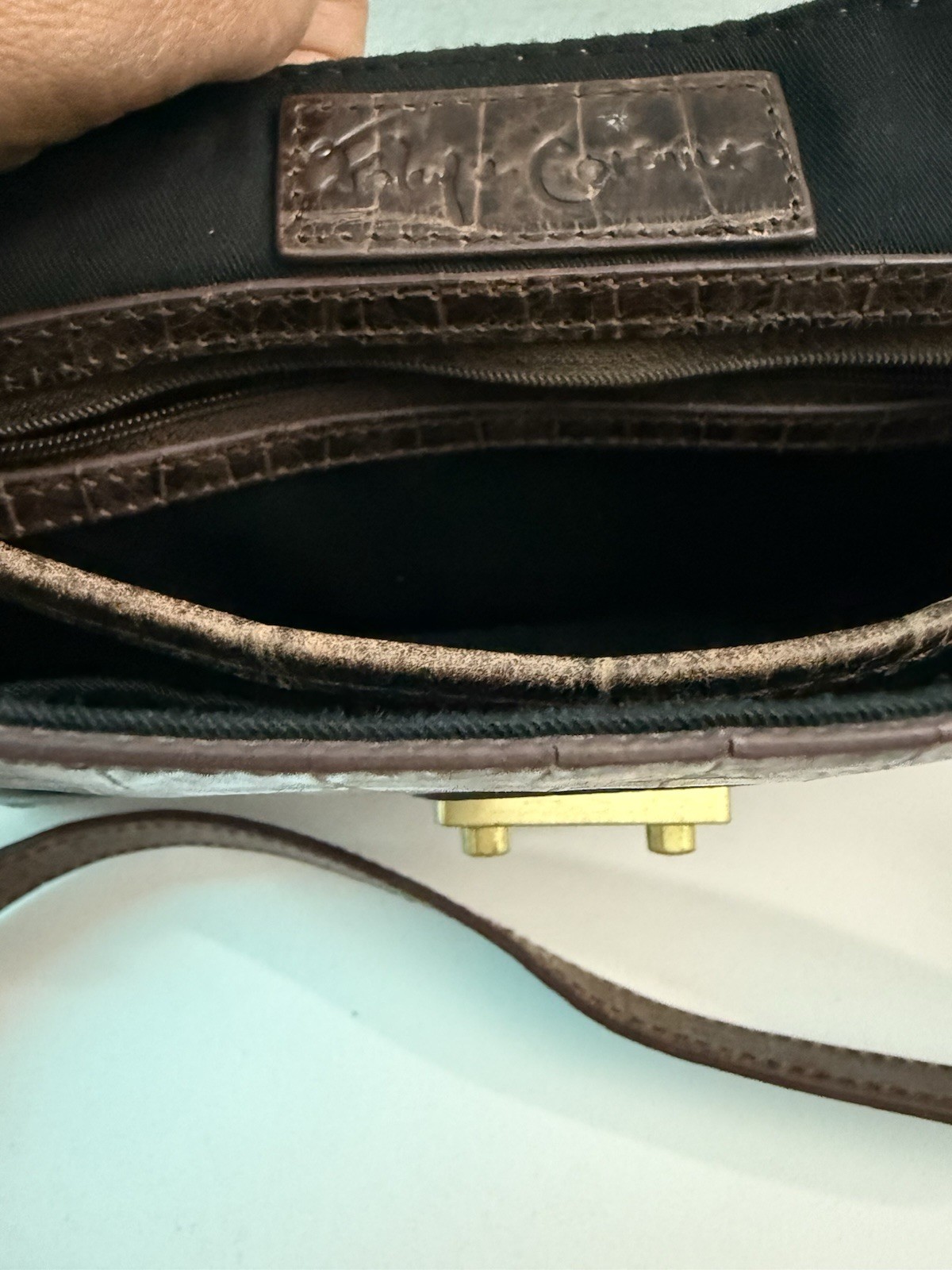 Brown Foley + Corinna Cocodrille Leather Vintage Crossbody Bag