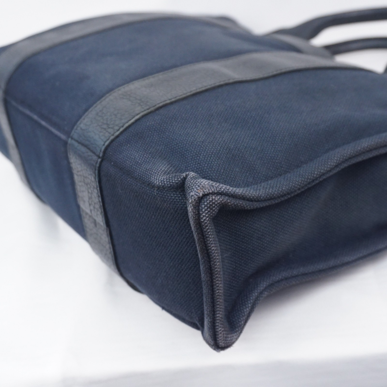HERMES Sac Harnais MM Tote Handbag Canvas Leather Dark Navy B26H553