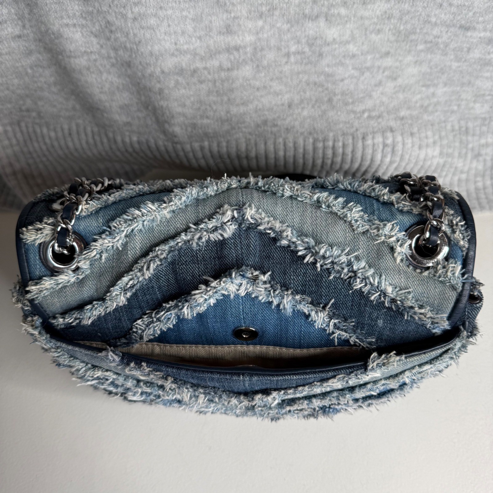 Michael Kors Sloan Large Denim Patchwork Frayed Chevron Shoulder Bag Blue Silver