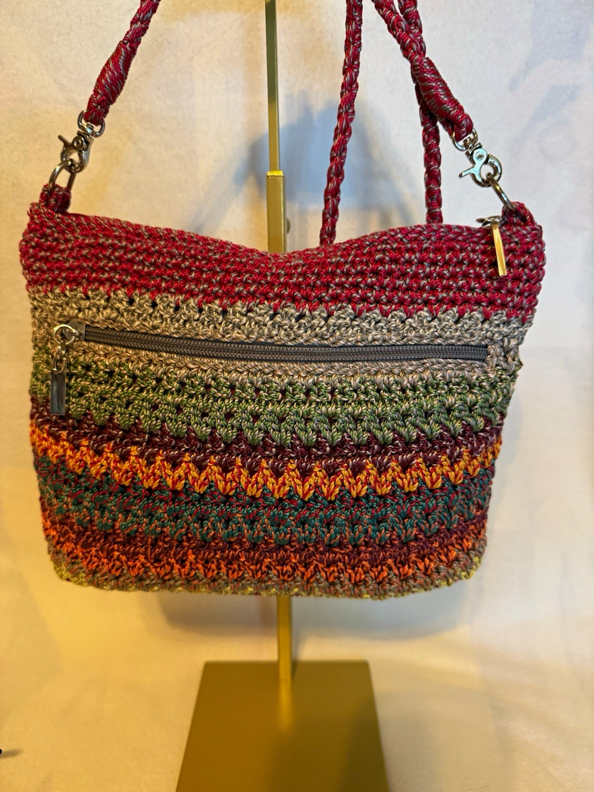 The Sak Striped Multicolor Crossbody Bag Zip Top Burgundy Strap