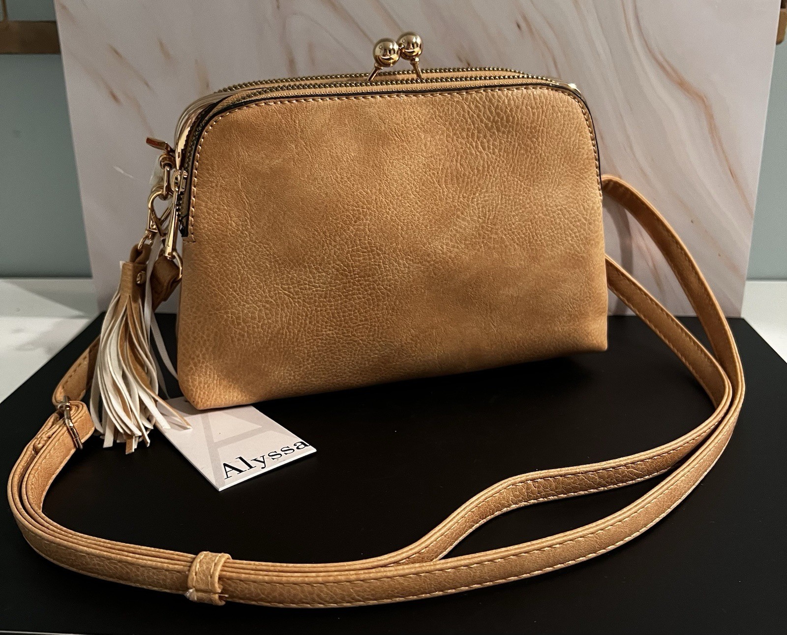 Alyssa Tan Pebbled Shoulder Bag with Tassel Accent & Gold Tone Hardware
