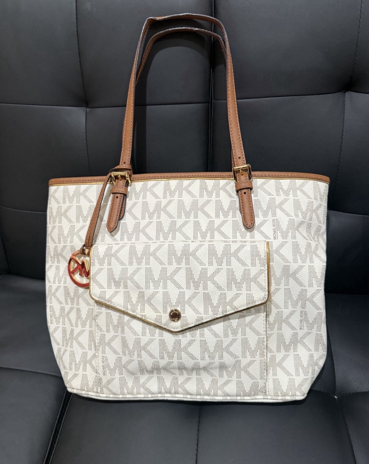 Michael Kors Monogram Tote Large Ivory/Brown Double Handles Gold Hardware