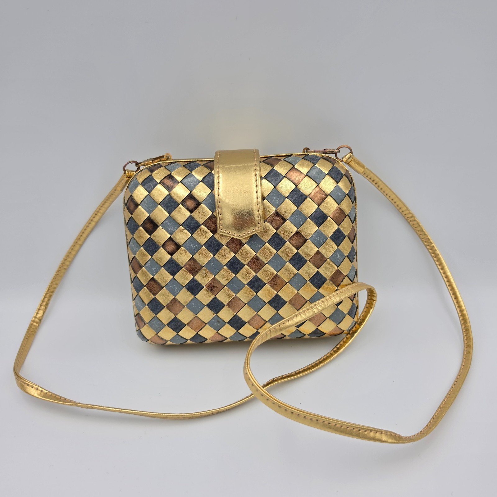 Vintage Le Regale Woven Metallic Crossbody Purse Gold Blue Bronze Bag Y2K Glam