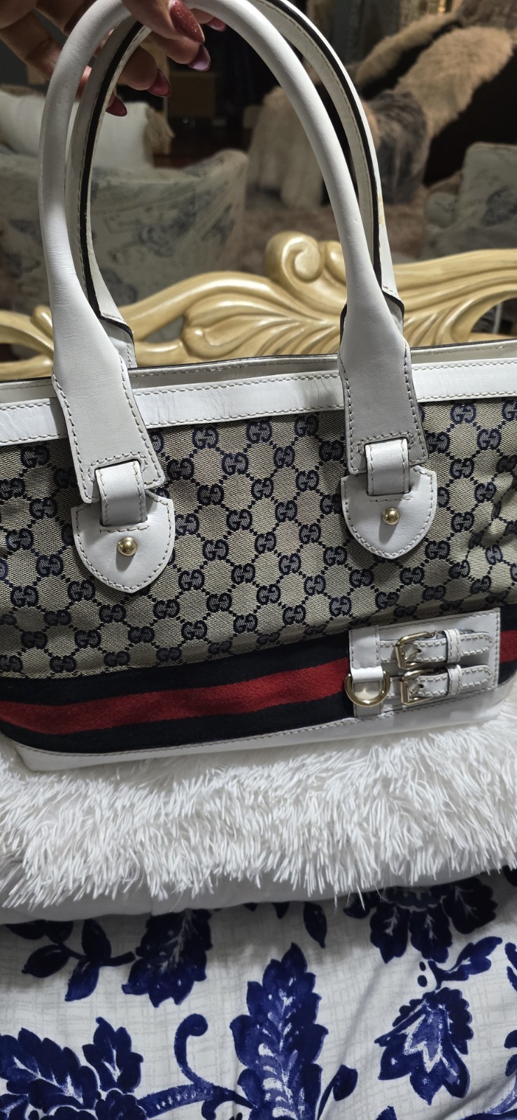 Gucci GG Canvas Web Stripe Zip Tote Bag White Leather Trim Gold Hardware