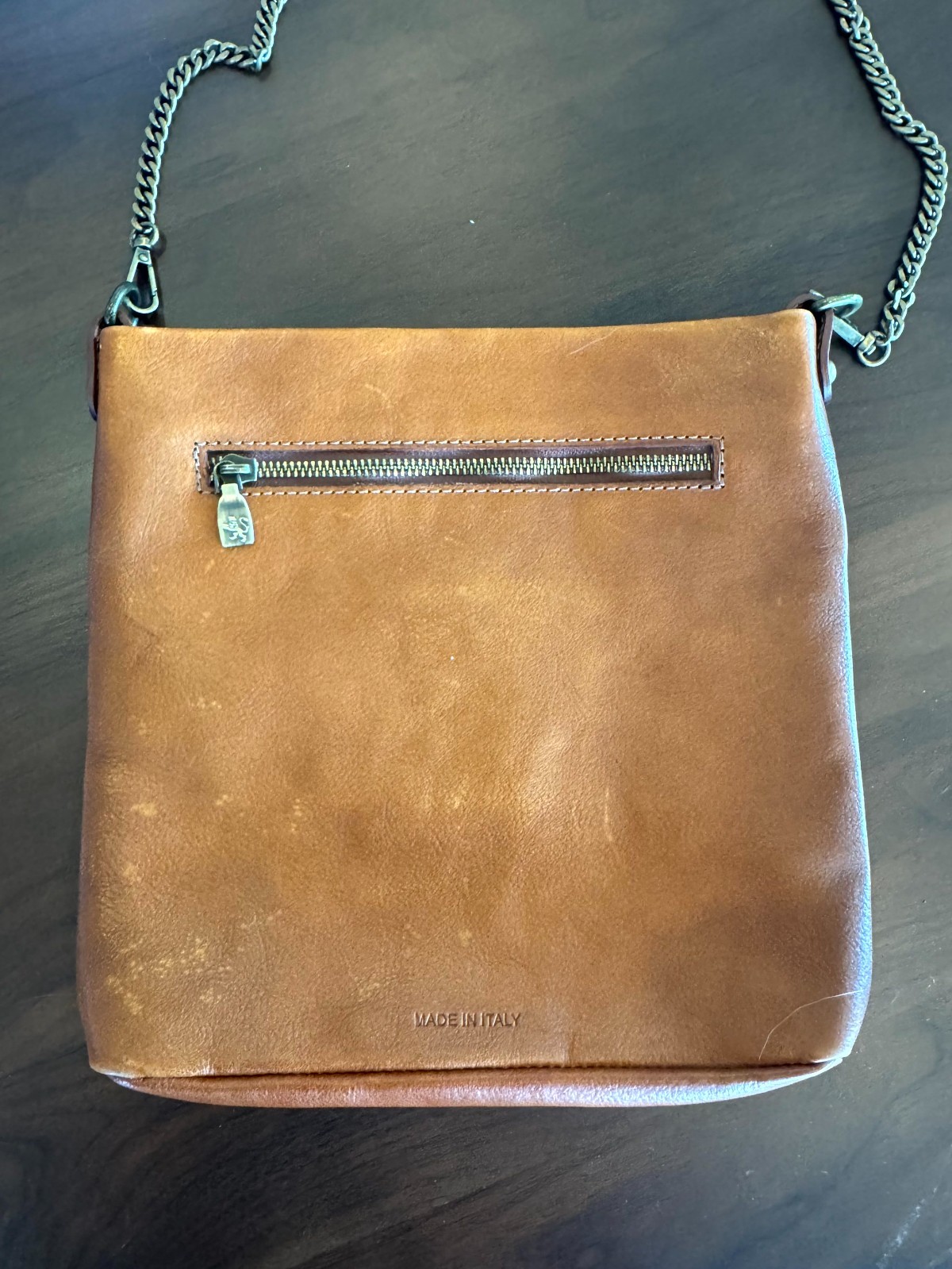 Pratesi Firenze Crossbody Bag Cognac Italian Leather Medium Crest Chain Strap