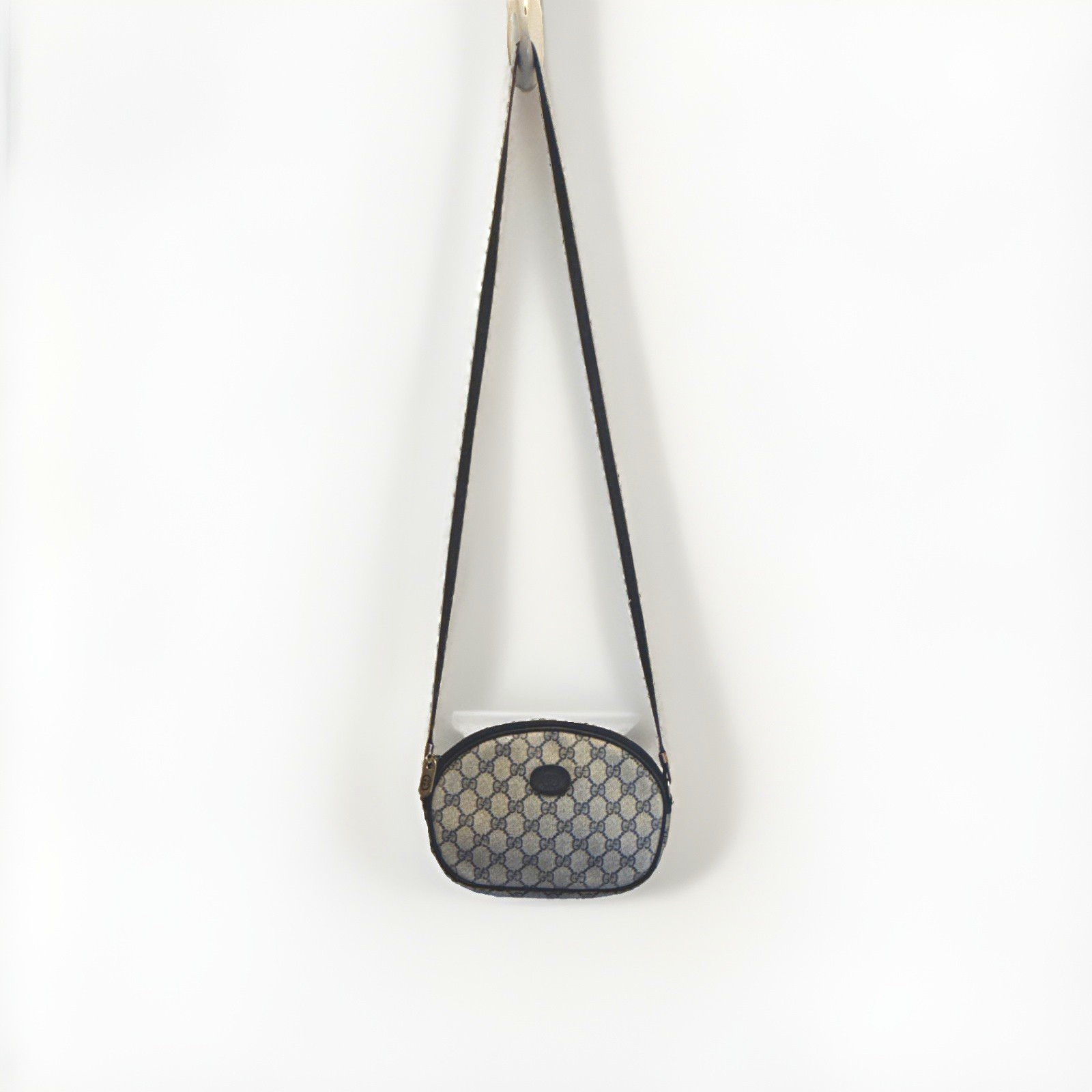 Vintage Gucci Small Blue/Beige Oval Crossbody Bag Zip, Lined, Strap