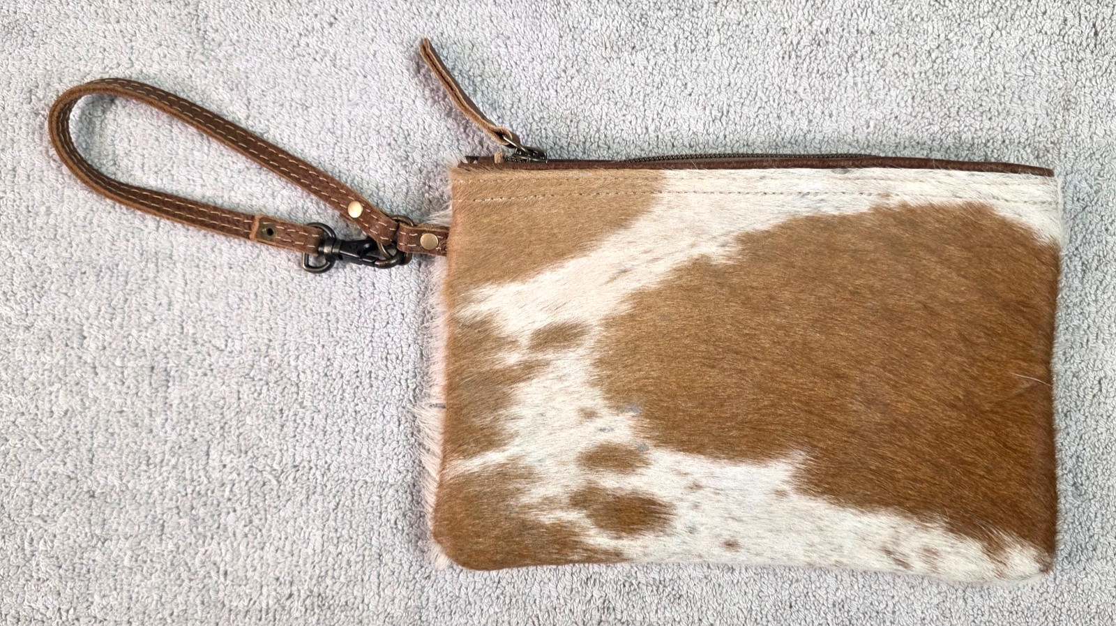 Myra Cow Hair Top Zip Wristlet Western Style Clutch Small Bag Leather Straps