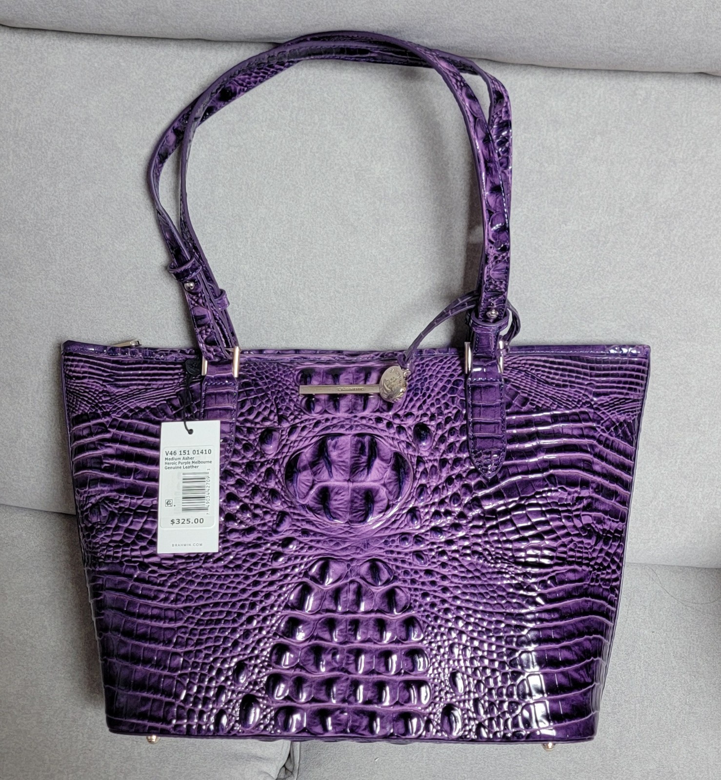 Brahmin Purple Embossed Animal Print Tote Bag Tag Logo Accent Zip Women