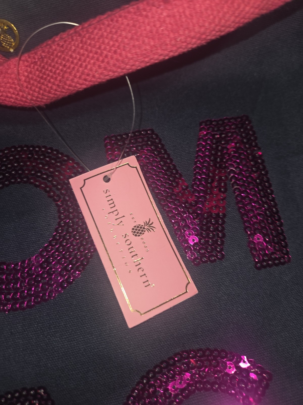 Simply Southern MOM BAG Navy Pink Sequin Tote Button Closure Inner Pockets