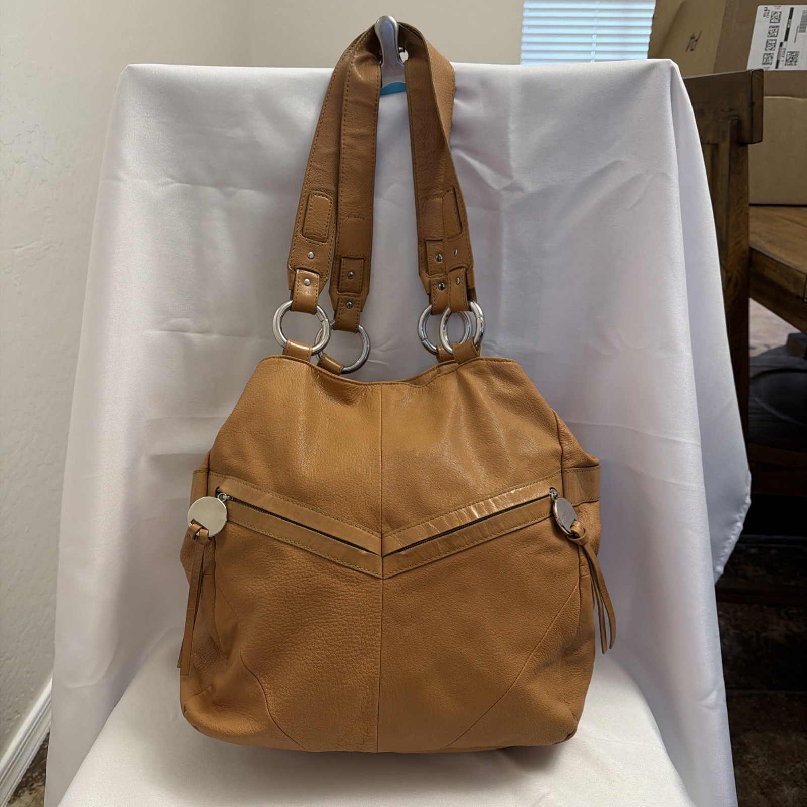 Kenneth Cole Reaction Tan Camel Leather Shoulder Bag Y2K Purse Hobo Slouch Large