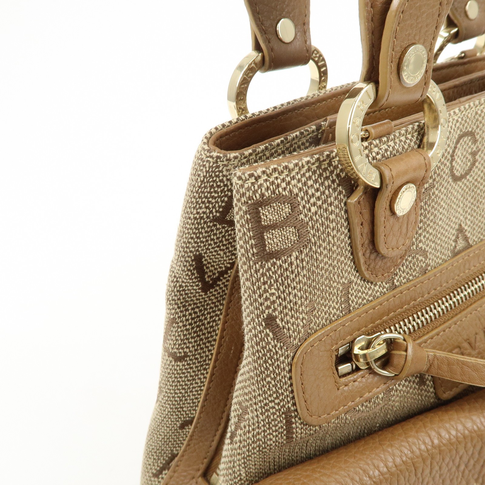 BVLGARI Logo Mania Canvas Leather Hand Bag Light Brown Authentic Used F/S