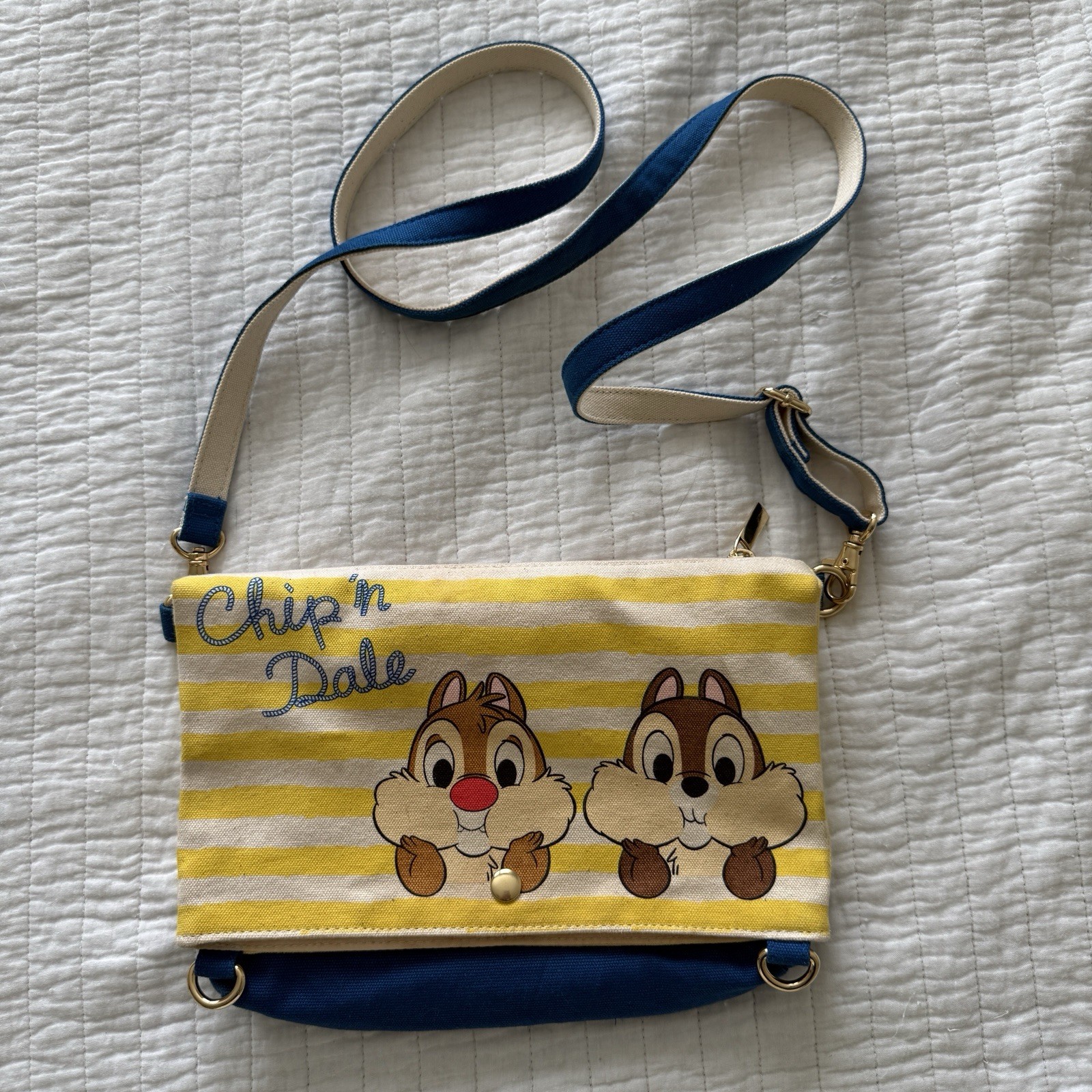 Disney Store Chip n Dale Crossbody Canvas Yellow Blue Stripe Convertible Purse