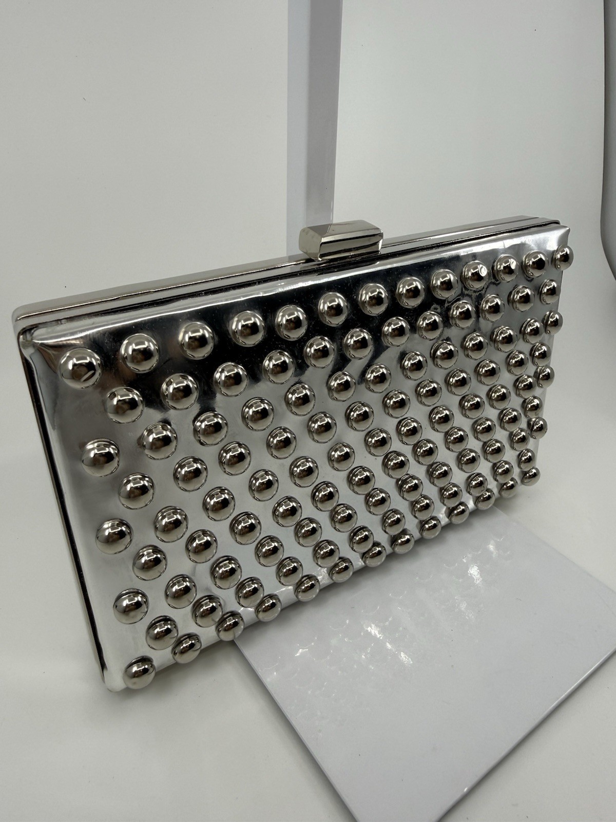 Studded Silver Metal Hard Case Box Clutch Evening Bag Rock Punk Glam BAM FOREVER