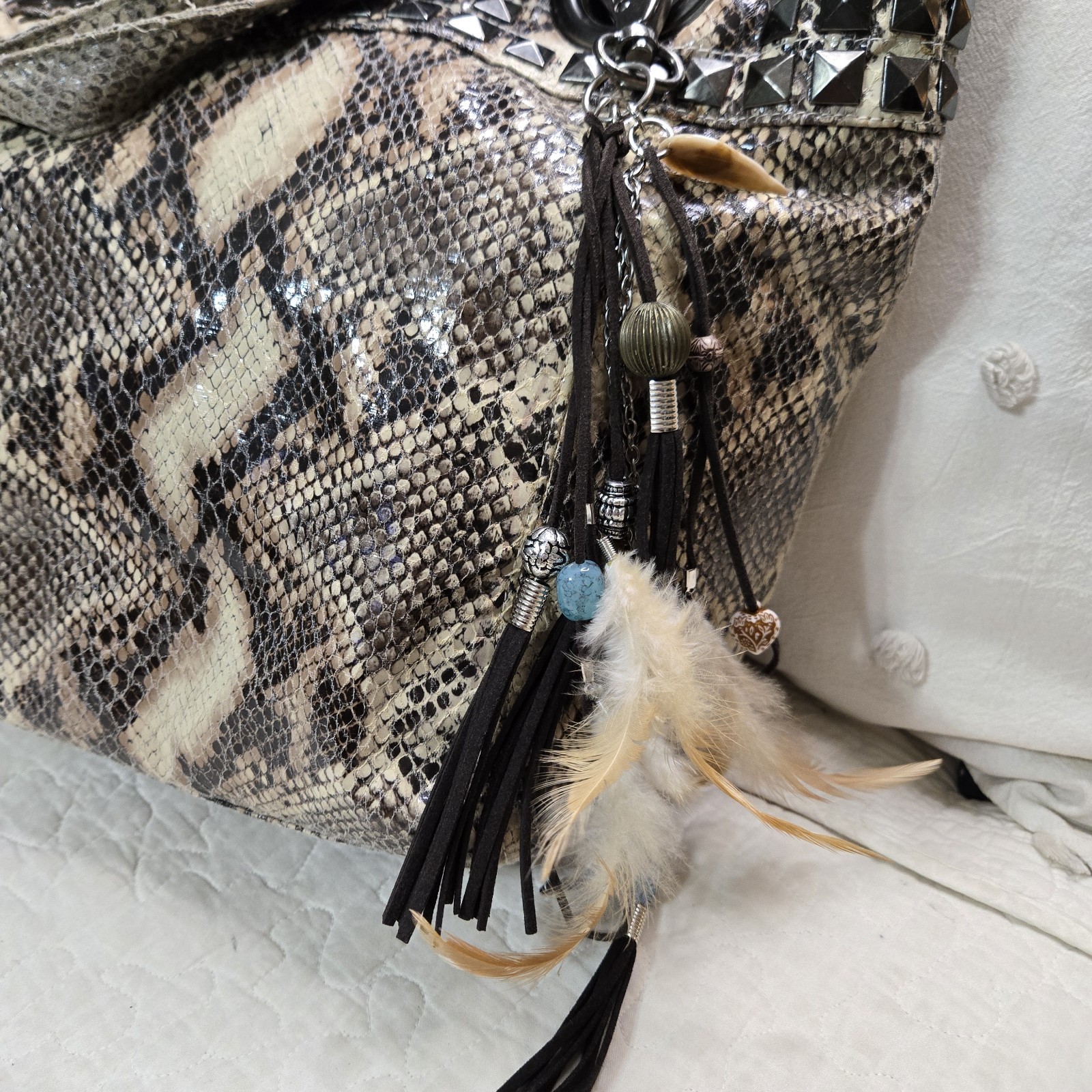 Gorgeous DOUBLE D RANCH Faux Snakeskin Studded Boho Handbag Tassle Beaded Clip