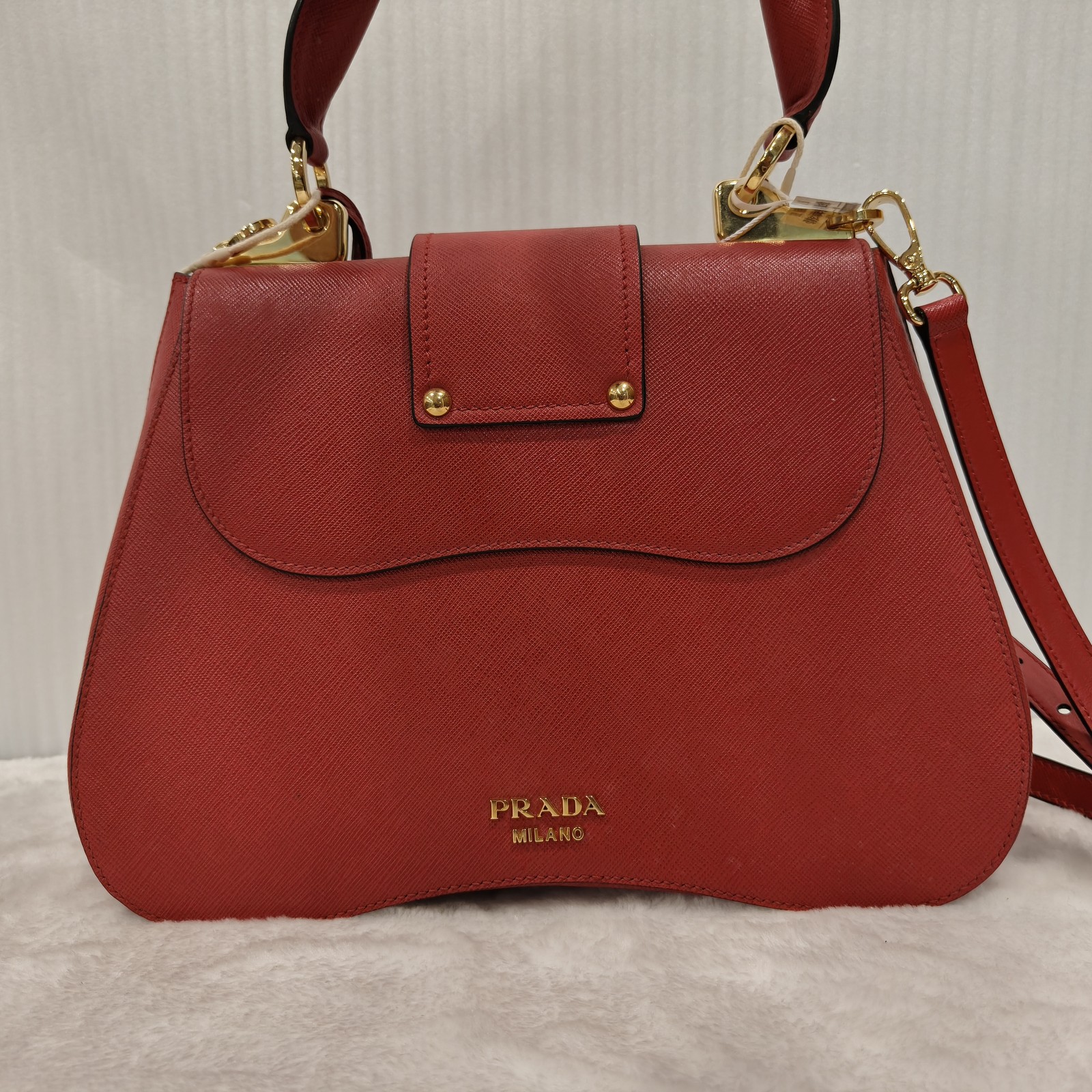 Prada Sidonie Top Handle Shoulder Bag Saffiano Medium Leather Red Handbag AUTH