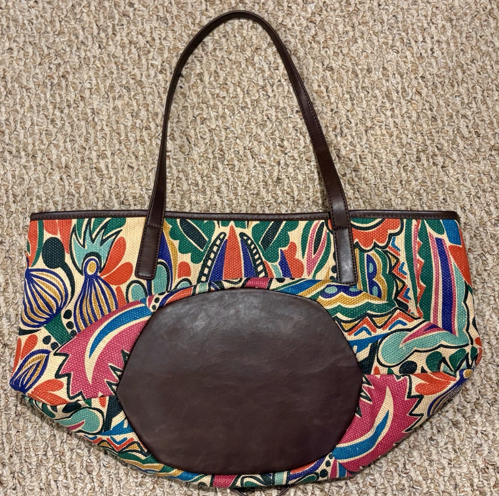 Neiman Marcus Lg Canvas Tote Bag Abstract Floral Vegan Leather Trim Teal Lined