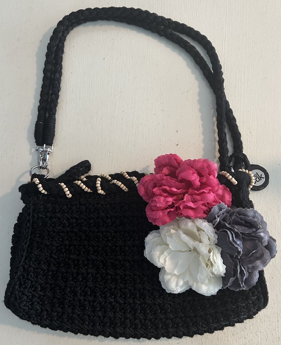 The SAK Black Crochet Purse W/ Removeable Flower Pins Wood Beads Double Handles