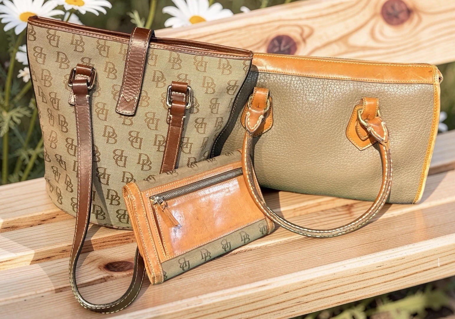 Dooney Bourke Bundle Lot Leather Bags Beige Brown DB Logo Tote Satchel Wallet