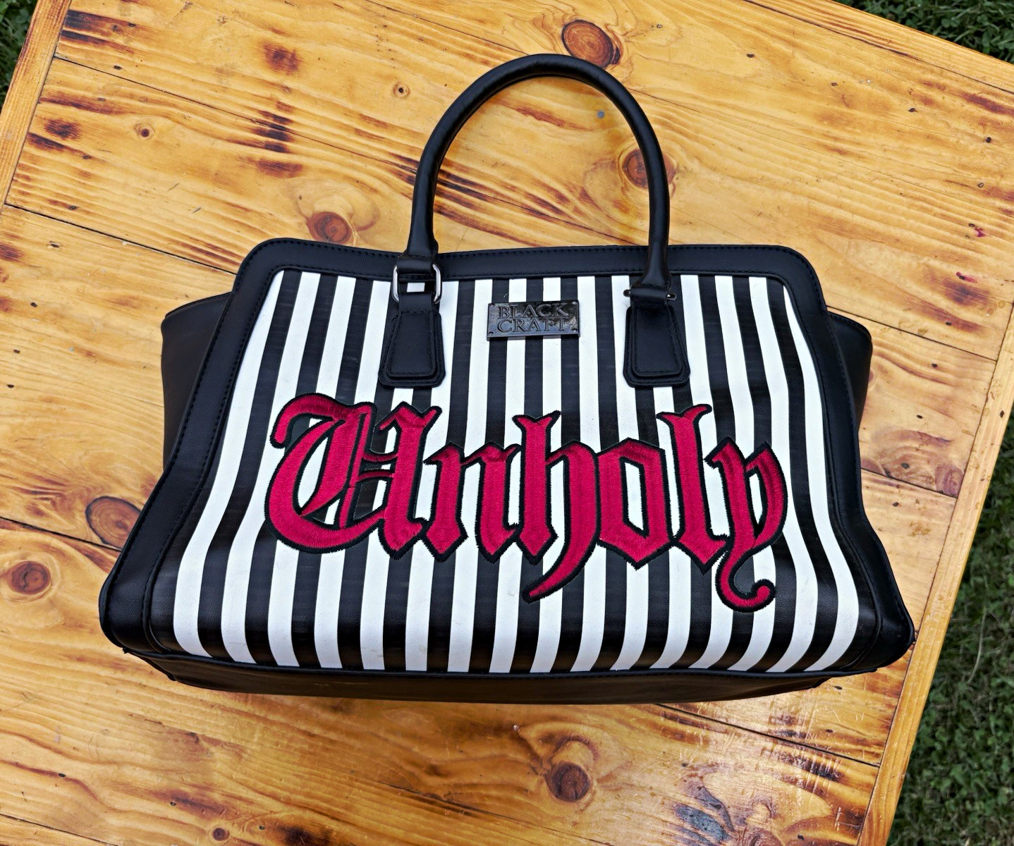 Black Craft Unholy Black White Striped Satchel Zip Double Handles Silver HW
