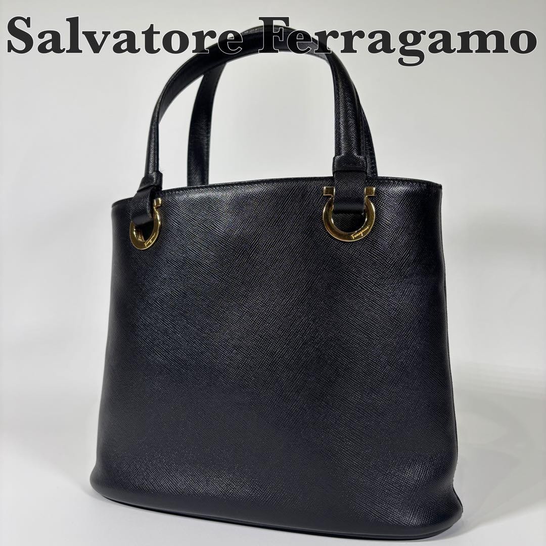 Salvatore Ferragamo Gancini Leather Handbag Black 18cm x 23cm x 9cm Authentic