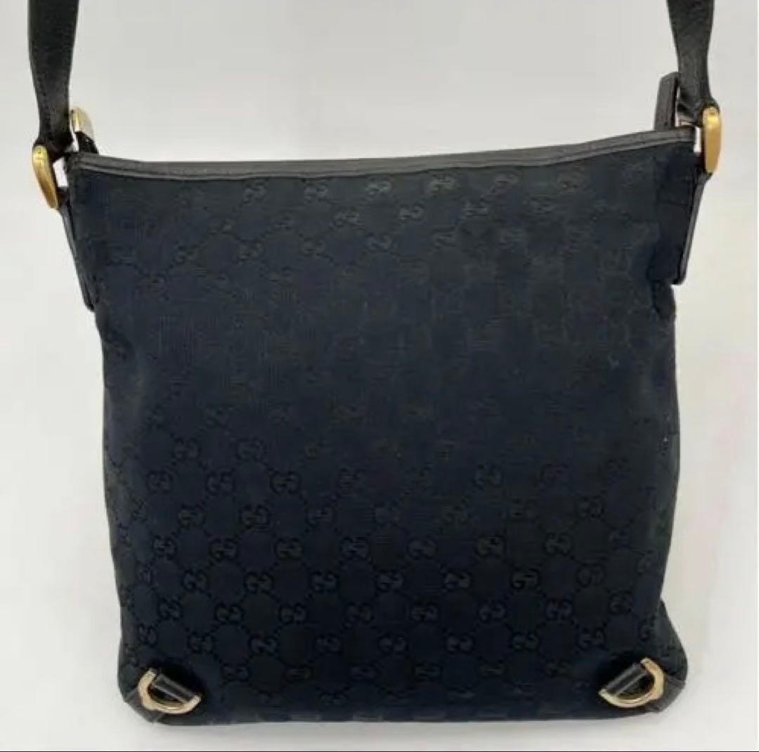 GUCCI GG Canvas Flat Shoulder Bag Black Leather Crossbody Messenger 131326 Purse