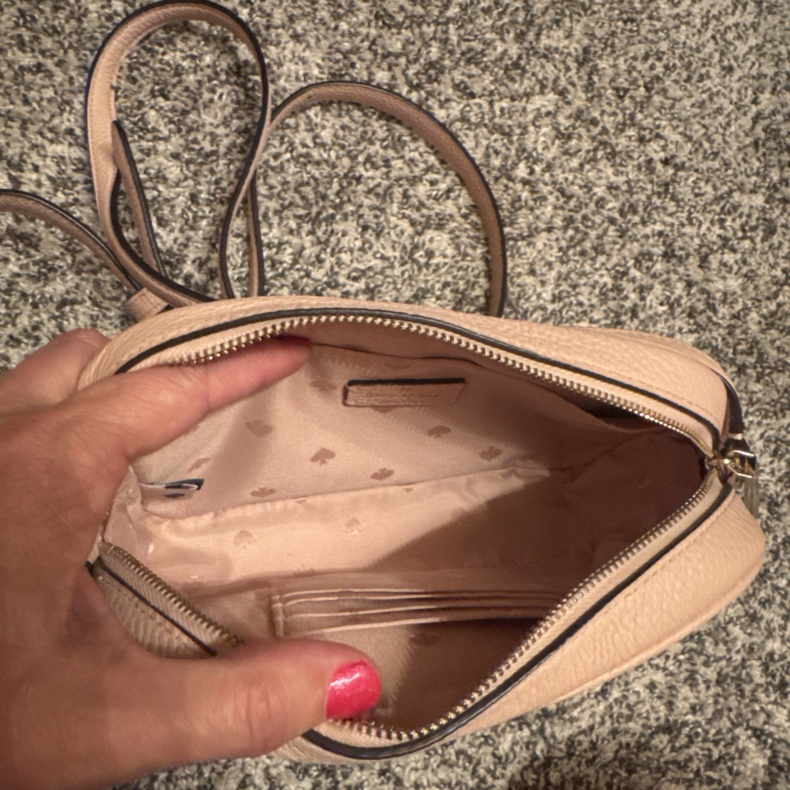KATE SPADE MINI CAMERA BAG ROSE SMOKE EMBOSSED LEATHER W GLITTER LOGO