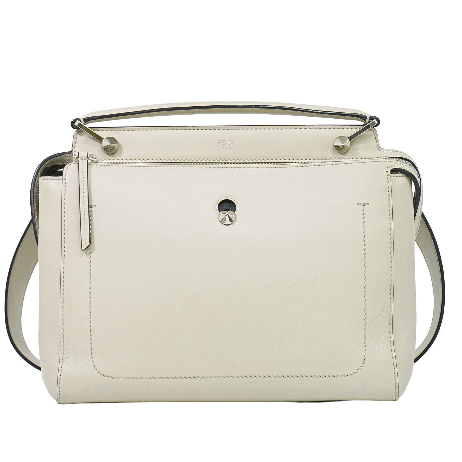 FENDI Dotcom 8BN293 Leather 2way Shoulder Top Handle Handbag Off-White Silver