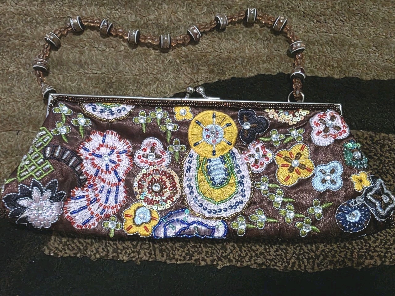 Max Mayer Brown Floral Beaded Embroidered Kiss Lock Clutch Wrist Strap Lined