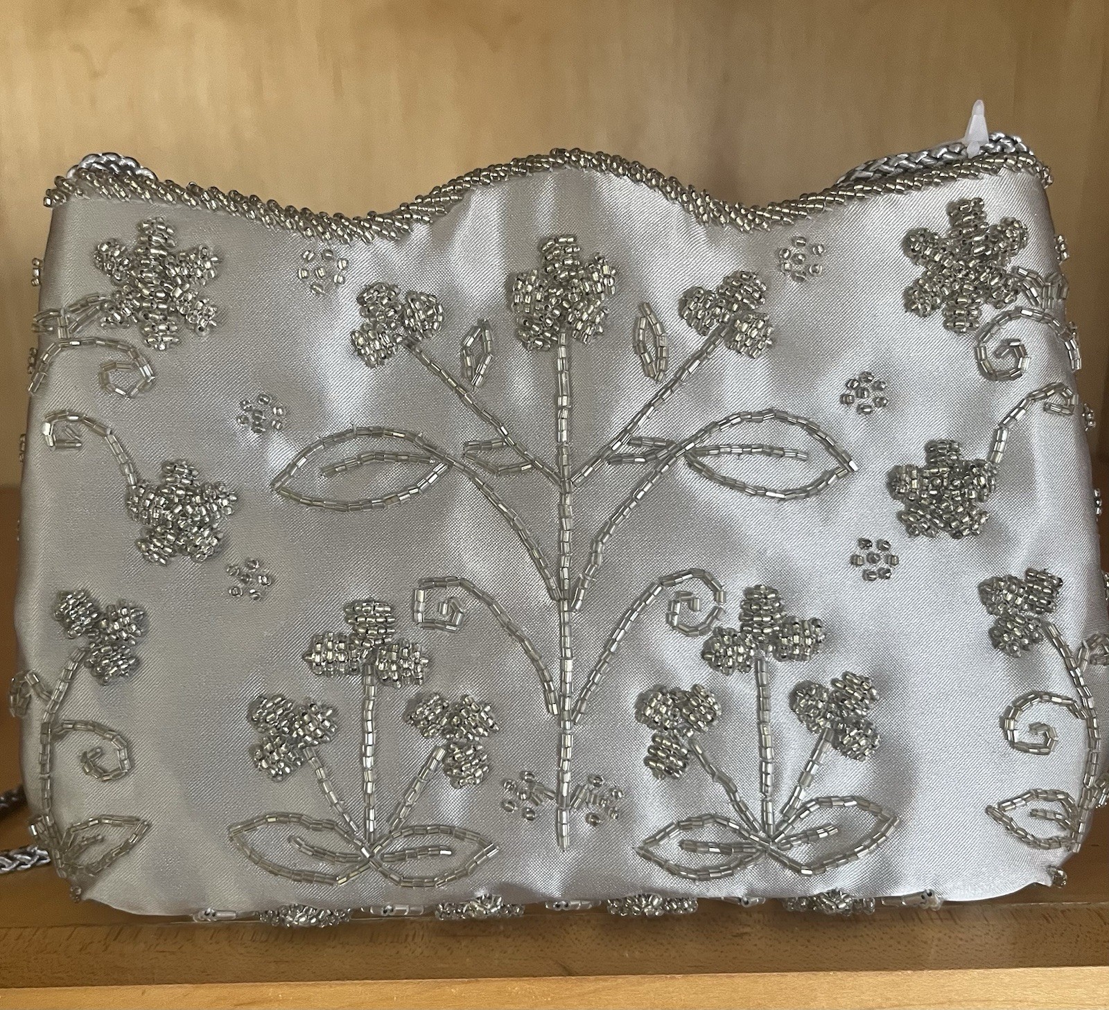 Valerie Stevens Silver Beaded Floral Rectangle Shoulder Bag Snap Closure, Lined