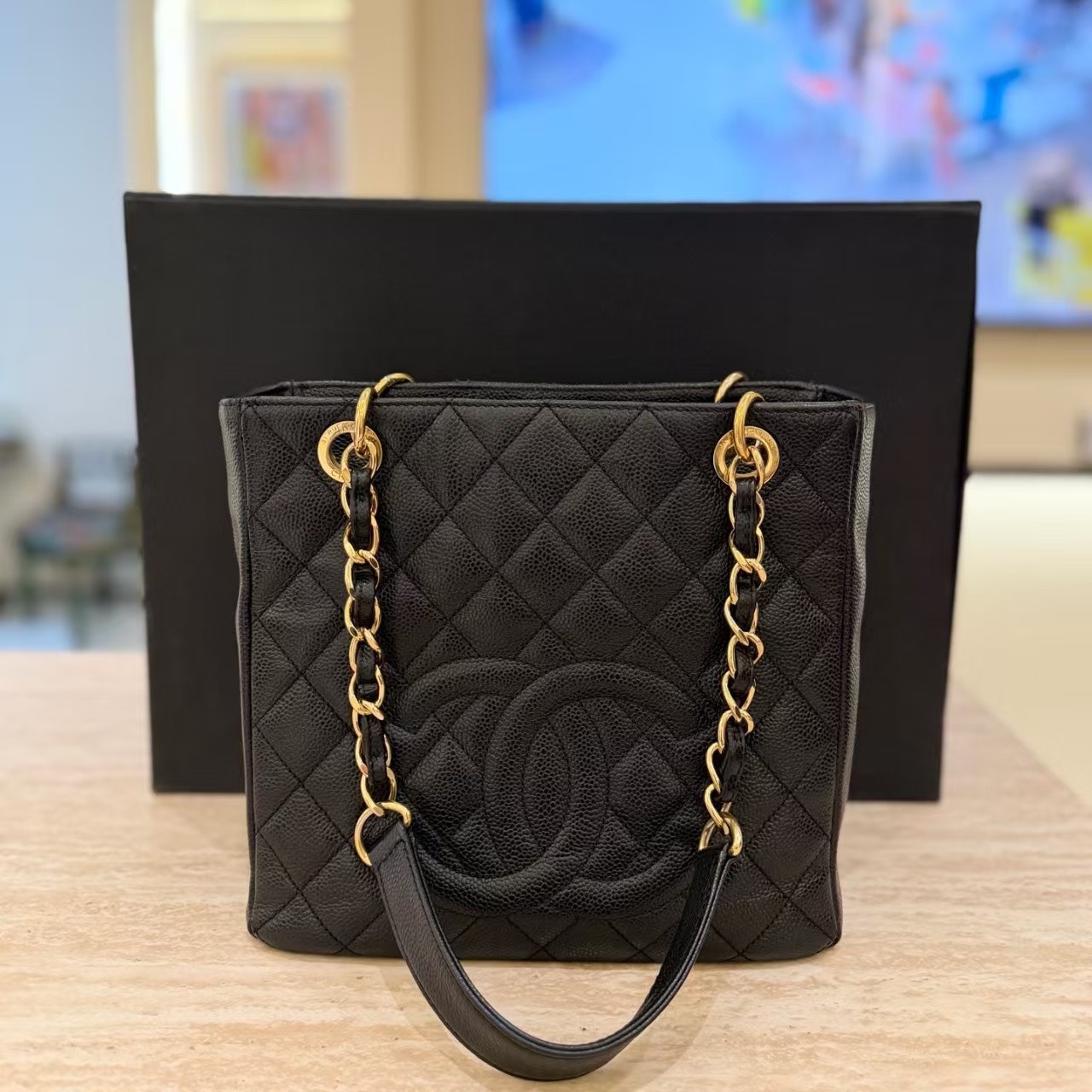 Chanel GST Grand Shopping Tote Black Caviar Gold Tone Chain Shoulder Bag