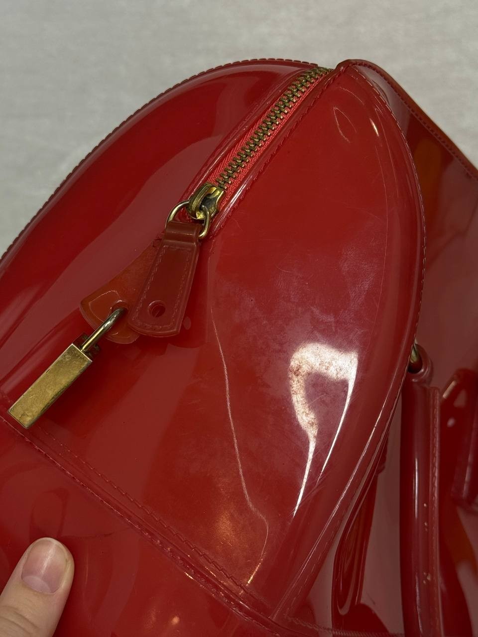 Furla Candy Bag Red Patent PVC Satchel Handbag Lock Zip Tote Purse